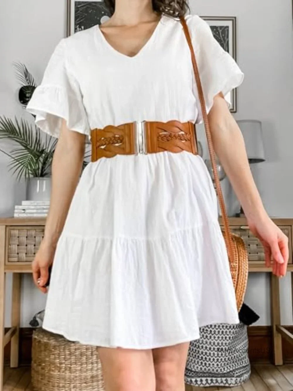 3 Inch Wide Elastic Waist Belt Faux Leather Woven Design Gold Buckle Cinch Belt